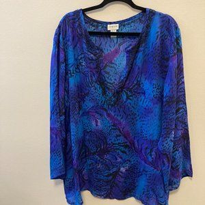 Chico's Top Wmns Sz 3 Blue Animal Print Silk Rayon Beaded V-Neck LS Grandma-Core